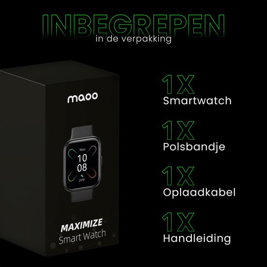 Maoo Maximize Smartwatch - Volle Klingelfunktion, Herzfrequenzmesser, Schrittzähler, Multisport - Android & iOS - Schwarz