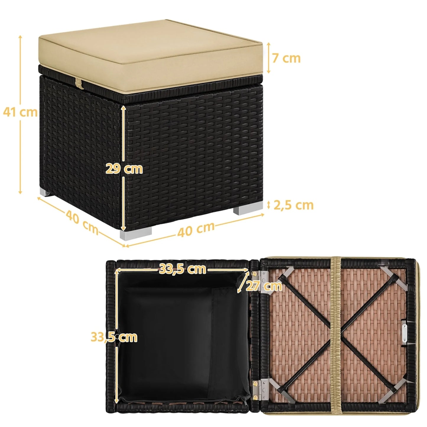 Yaheetech Hocker mit Lagerung 2 Stück - Features versteckten Fach und wasserabweisende Rattan Wicker und pulverbeschichtetem Metallrahmen - für Garten Balkon und Wohnzimmer - Brown Khaki Polyethylen und Metall - 40 x 40 x 42,5 cm