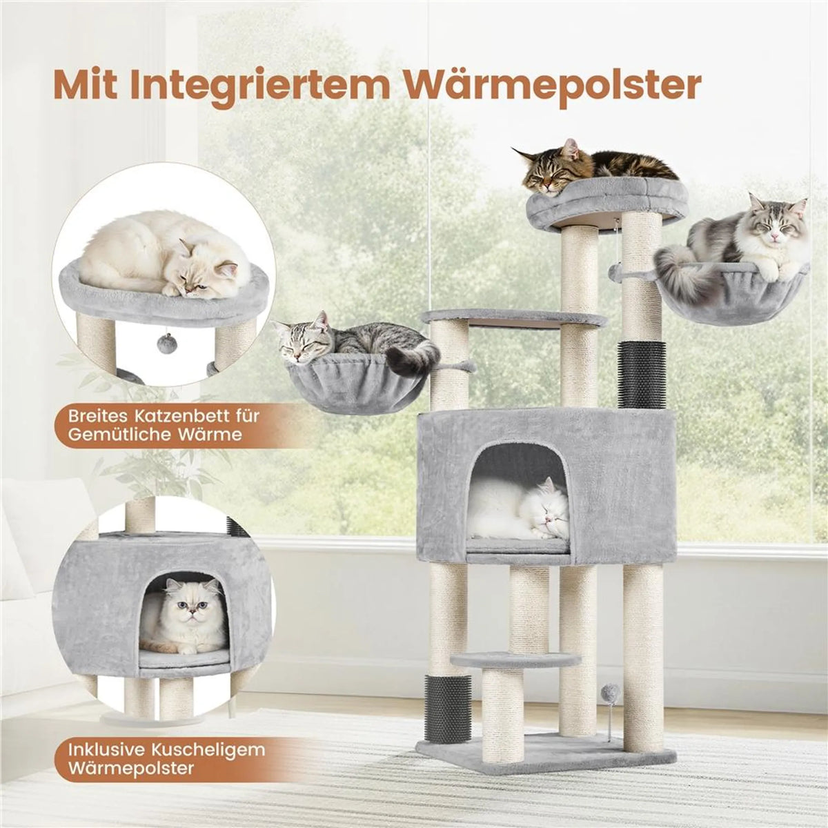 Yaheetech Kratzbaum 160 cm H – ⌀11 cm Sisalstämme, Plattformen & Katzenhöhlen – Hellgrau & Beige