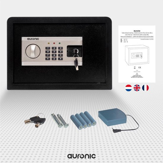 Auronic Elektronischer Safe - Zahlenkombinationsschloss - Schlüssel - Wandmontage - 4,3cm Tür - 130dB Alarm - 28L - 30x38x30cm - 10KG - Stahl - Schwarz