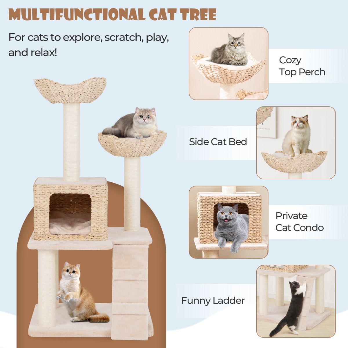 Coast Kratzbaum für Katzen – 4 Ebenen – Sisal-Kratzbäume – waschbare Kissen – beige 122 cm