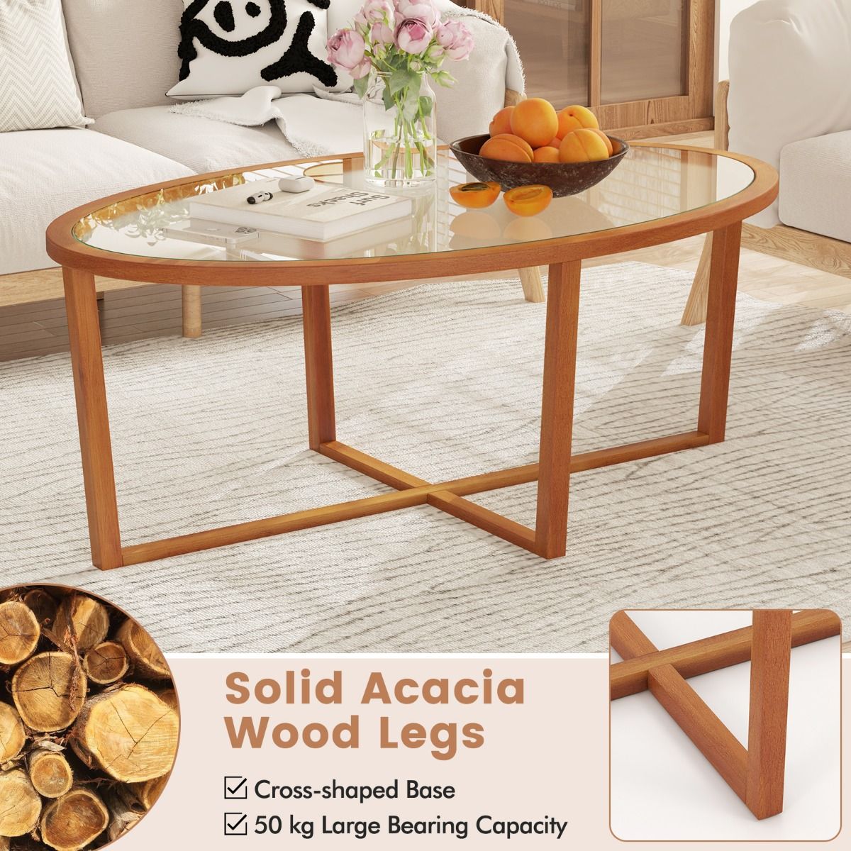 Couchtisch „Coast“ – ovales Hartglas – Kreuzfuß aus Akazienholz – braun – 118 x 71,5 x 47,5 cm