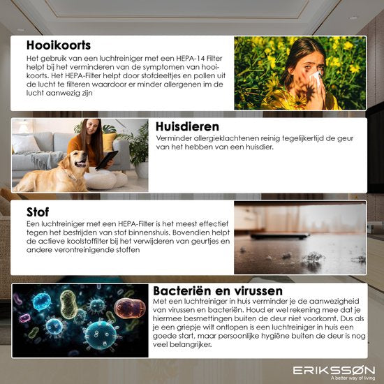 ErikssÃ˜n Luftreiniger mit Luftbefeuchter - Luftreiniger - 330 m3/h - Wirkt gegen Hausstaubmilben, Heuschnupfen, Allergie, Staub - Mit Hepa-Filter - 3 Modi + Schlafmodus - Luftqualitätsanzeige - Saubere Luft