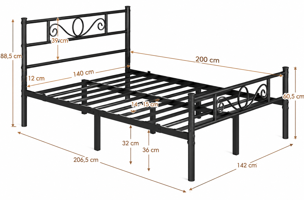 Yaheetech Metallbettgestell 140 x 200 cm – Schwarz – Modernes Kopfteil – Zusätzlicher Stauraum