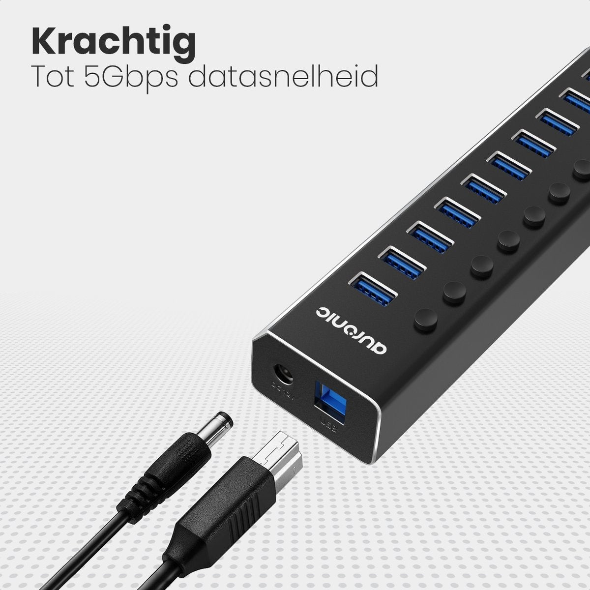 Auronic USB Hub 3.0 - USB Splitter mit 10 Ports - mit Netzteil - 5 GBPs - Led-Anzeige - Schwarz