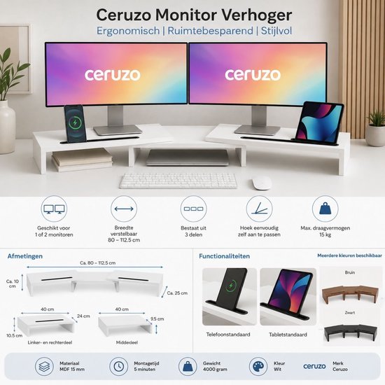 Ceruzo Monitor-Erhöhung – Für 1 oder 2 Bildschirme – Verstellbar von 80 bis 112,5 cm – Weiß