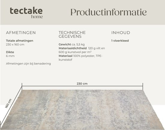 tectake® Teppich im Vintage-Design - Dalia - Niederflorteppich für Wohnzimmer, Kinderzimmer, Schlafzimmer oder Flur - waschbar - Div. Größe - 160x230cm - beige