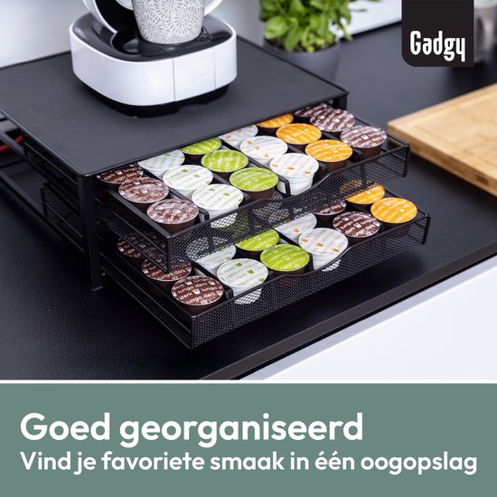 Gadgy Dolce Gusto Kapselhalter mit 2 Schubladen – Kapselhalter mit Schublade – Kaffee-Kapselhalter für 72 Kapseln – Padhalter – Edelstahl – Schwarz – Rutschfest & vibrationsdämpfend