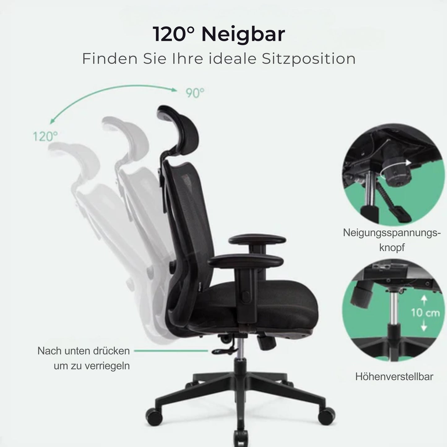 LifeGoods Bürostuhl - Ergonomisch - Bis 136 kg - 120° Kippmechanismus - Schwarz