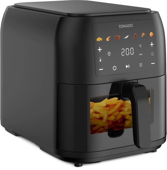 Tomado TAF8002B – Große Heißluftfritteuse – XXL-Heißluftfritteuse – 8 Liter – Heißluftfritteuse – Sichtfenster – Touch-Bedienung – 7 Automatikprogramme – Schwarz