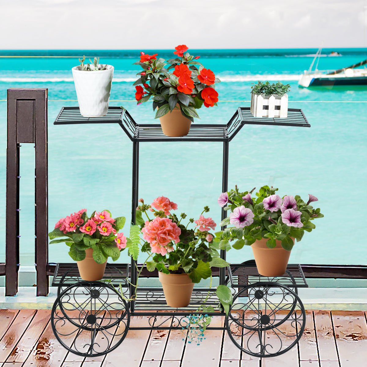 Decoratieve bloemenstandaard Plant-stands met 6 planken met vrijstaande bloemauto's voor binnen- en buiten metalen zwart 80,5 x 25 x 75