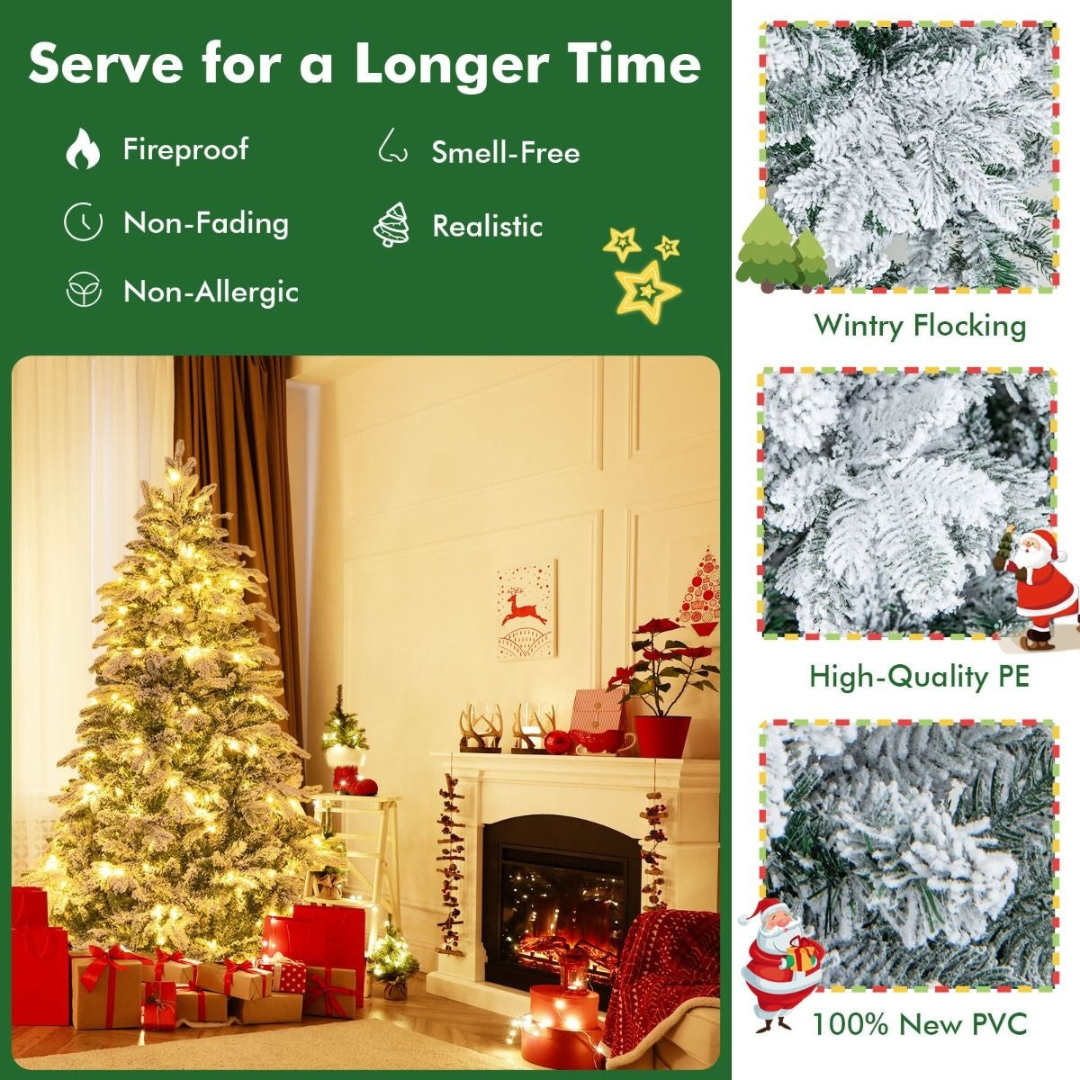 180 cm großer künstlicher Weihnachtsbaum Beflockter Weihnachtsbaum mit 1415 Zweigspitzen 260 warmweiße LED-Lichter Beleuchteter Weihnachtsbaum Weiß + Grün