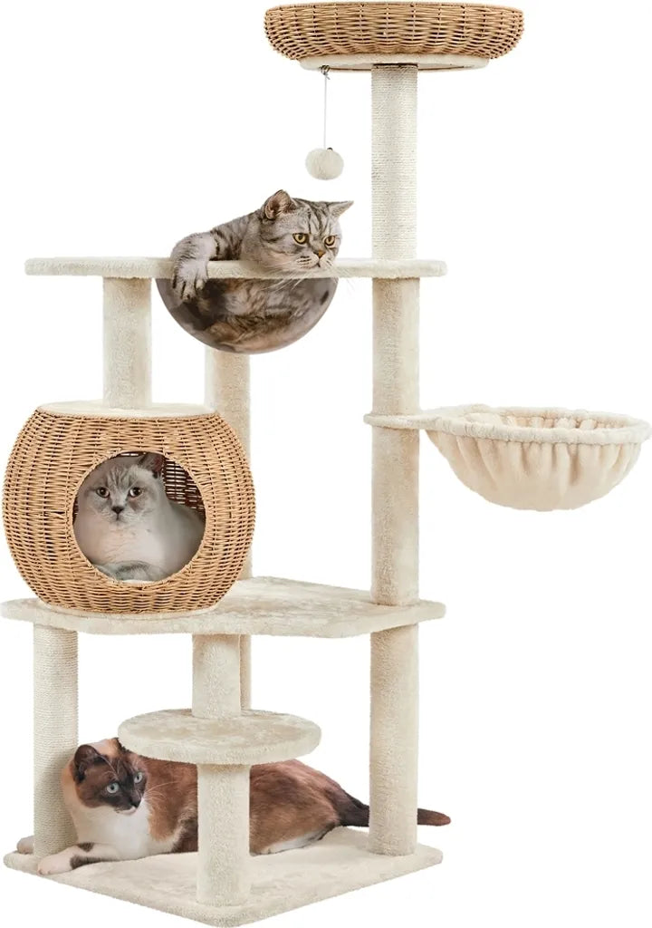 Yaheetech Kratzbaum 137,5 cm – Beige – Kratzbaum im Rattan-Design, Katzenhaus, Acryl-Liegewanne und Sisalstangen