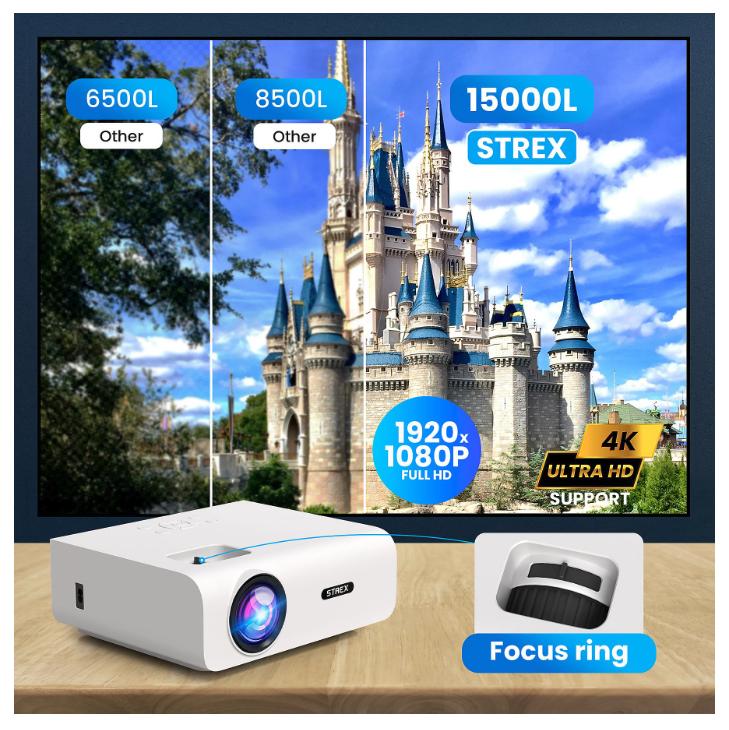 Strex - Mini-Beamer/Projektor - 1080P Full HD - 15000 Lumen - Drahtloses Streaming - WiFi - Bluetooth - Weiß