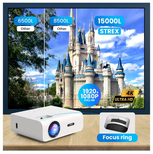 Strex - Mini-Beamer/Projektor - 1080P Full HD - 15000 Lumen - Drahtloses Streaming - WiFi - Bluetooth - Weiß