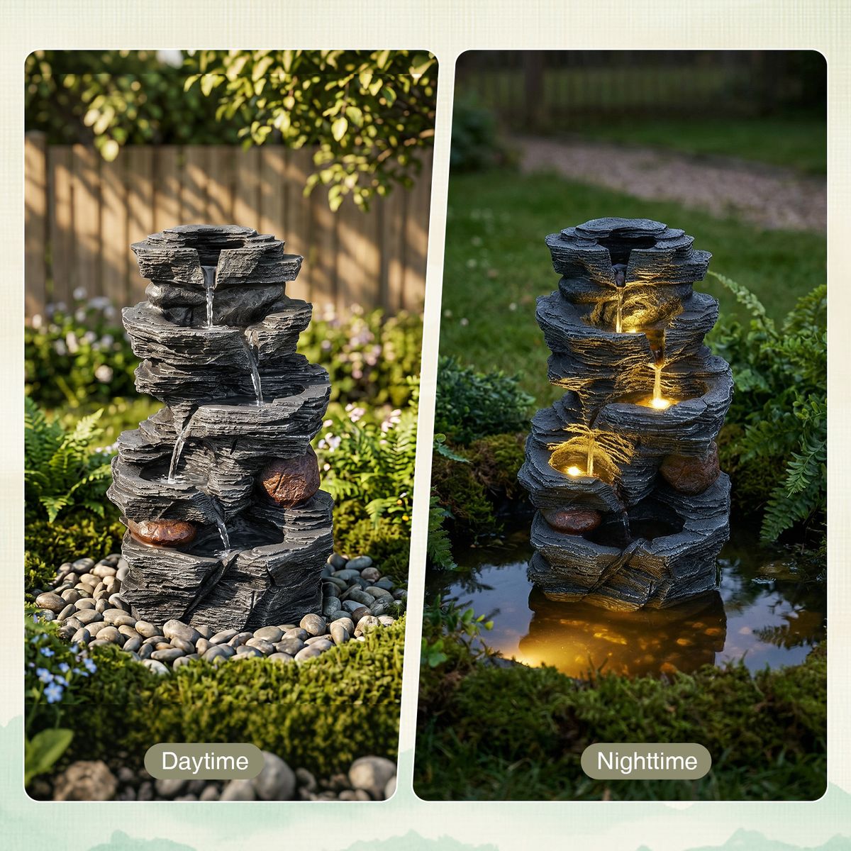 Coast Tischbrunnen – 5-stufiger Wasserfall – LED-Beleuchtung – schwarz – 27 x 20,5 x 45,5 cm