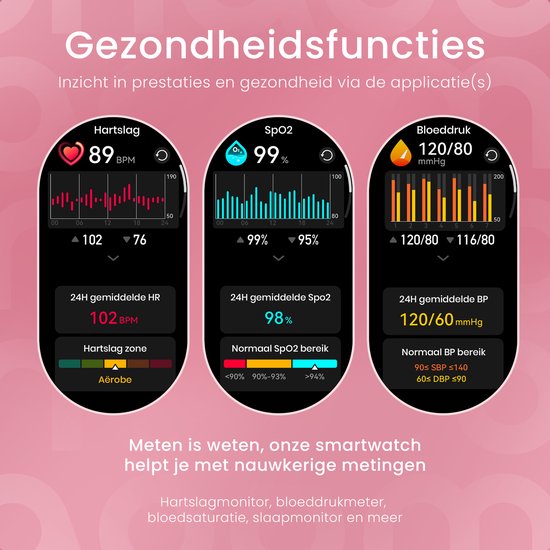 Maoo Ventura AMOLED Smartwatch - Edelstahl - 3x Silikonband - Schrittzähler, Herzfrequenzmesser und Schlafüberwachung - Multisport - Für Android und iOS - Damen - Rose Gold/Pink