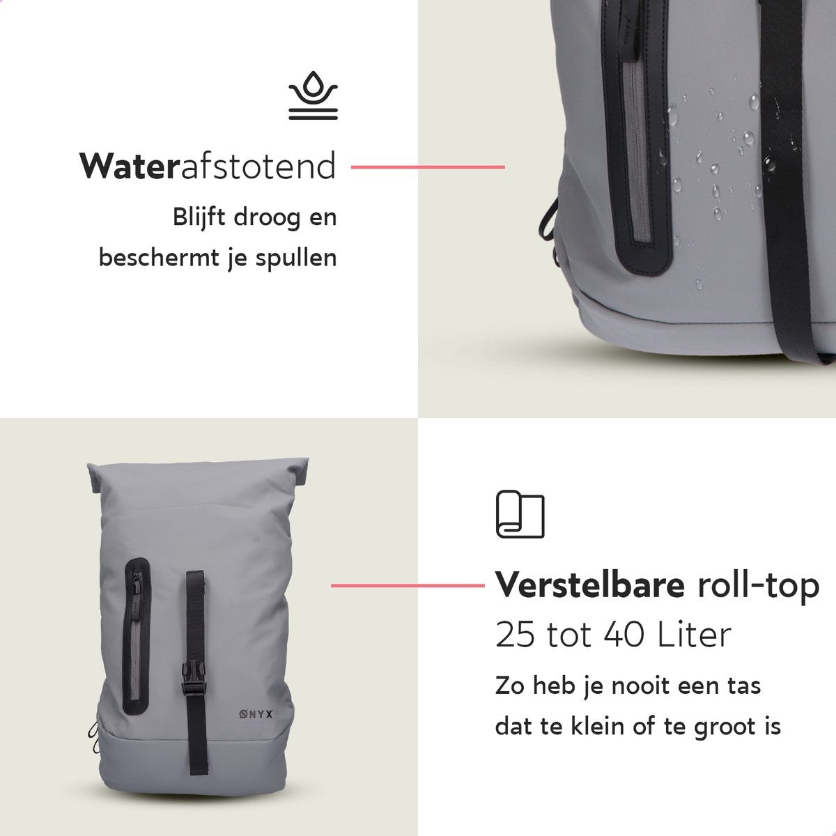 ONYXÂ¬Ã† Rolltop-Rucksack 25 bis 40L - Mit Laptopfach - Verstellbarer Rucksack - Reisetasche - Wasserdicht und strapazierfähig - Grau