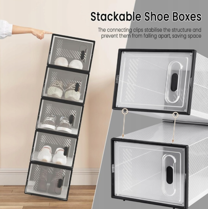 WOLTU Schuhschrank, transparent, schwarz – Set mit 12 stapelbaren Boxen, 35 x 25 x 19 cm