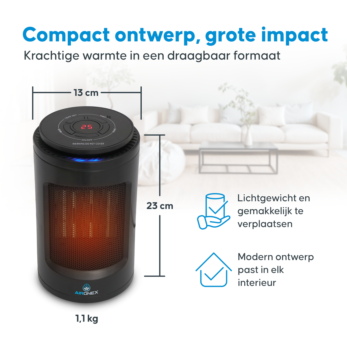 Aironex - Keramikkocher - Modell K1000 - 1200 W - Mit Fernbedienung & LCD-Display - Fallschutz & Drehbar - Kunststoff - Schwarz