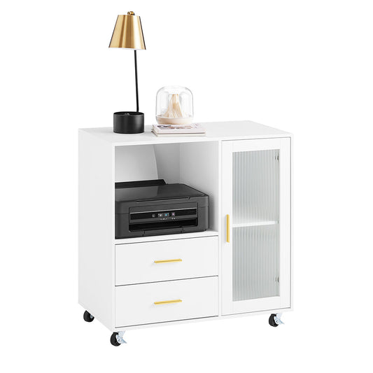SoBuy Schreibtischschrank - Mit Rollen und Druckerrollenhalter - 75 x 40 x 76 cm - Weiß mit goldenen Akzenten