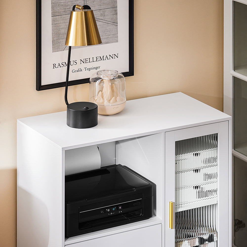 SoBuy Schreibtischschrank - Mit Rollen und Druckerrollenhalter - 75 x 40 x 76 cm - Weiß mit goldenen Akzenten