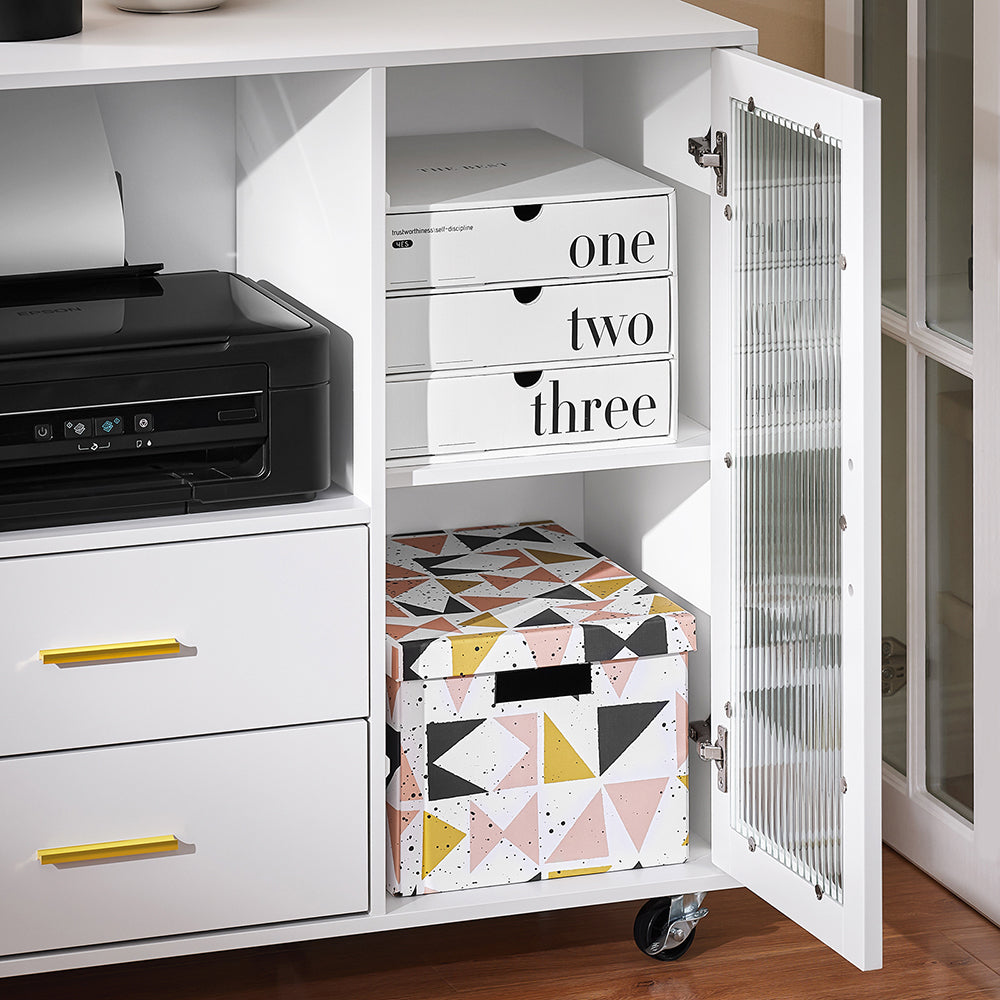 SoBuy Schreibtischschrank - Mit Rollen und Druckerrollenhalter - 75 x 40 x 76 cm - Weiß mit goldenen Akzenten
