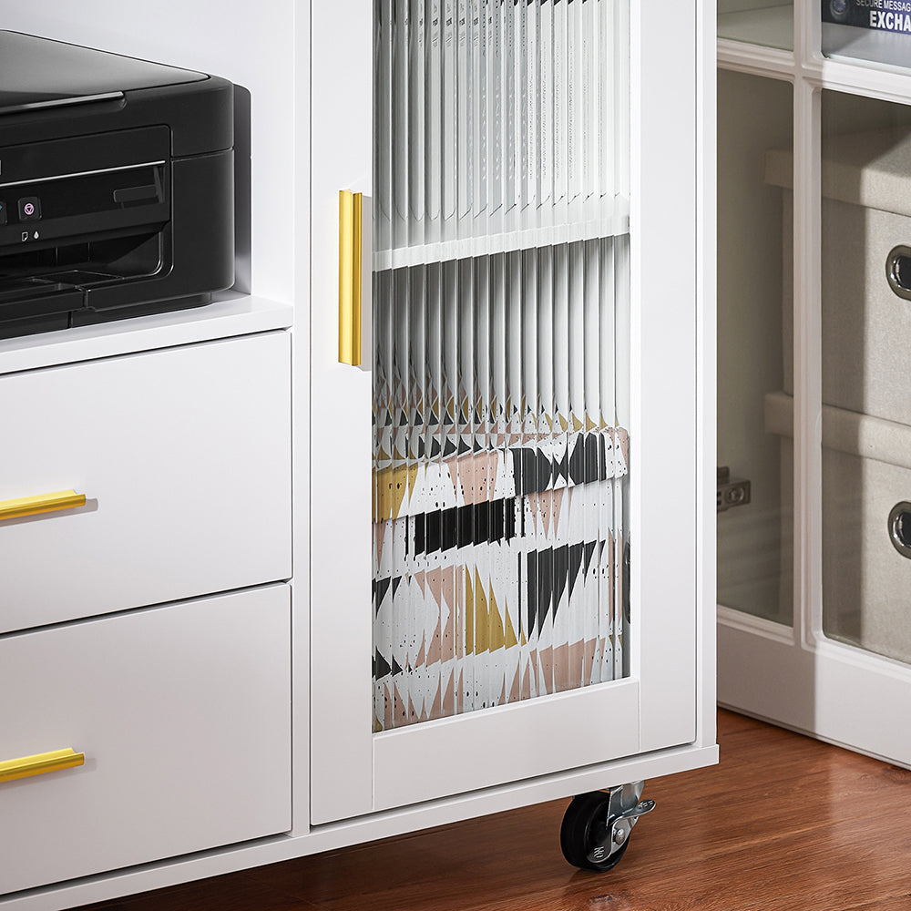 SoBuy Schreibtischschrank - Mit Rollen und Druckerrollenhalter - 75 x 40 x 76 cm - Weiß mit goldenen Akzenten