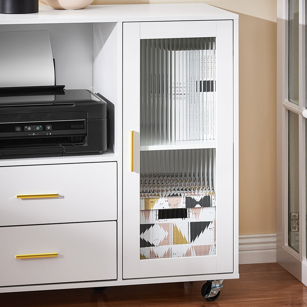 SoBuy Schreibtischschrank - Mit Rollen und Druckerrollenhalter - 75 x 40 x 76 cm - Weiß mit goldenen Akzenten