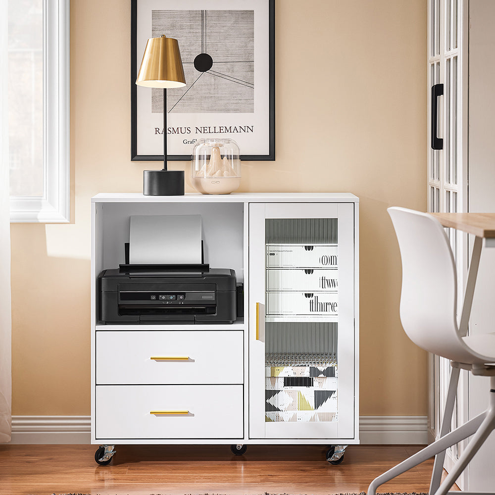 SoBuy Schreibtischschrank - Mit Rollen und Druckerrollenhalter - 75 x 40 x 76 cm - Weiß mit goldenen Akzenten