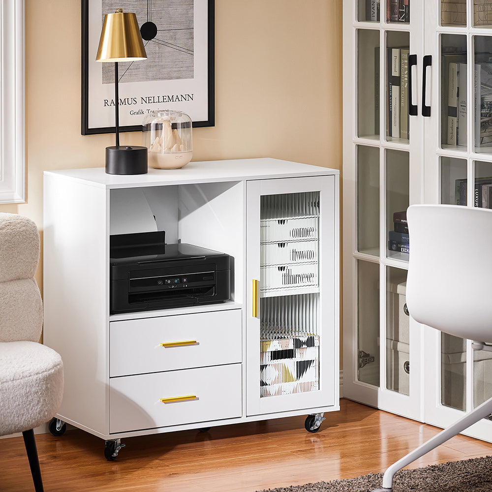 SoBuy Schreibtischschrank - Mit Rollen und Druckerrollenhalter - 75 x 40 x 76 cm - Weiß mit goldenen Akzenten