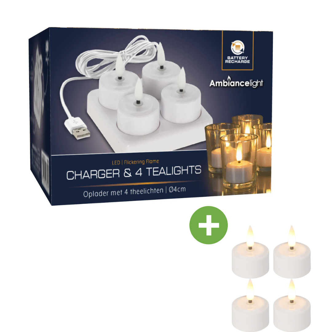 Koopman Wiederaufladbare LED-Teelichter - 4-teiliges Set - mit Ladegerät - Weiß