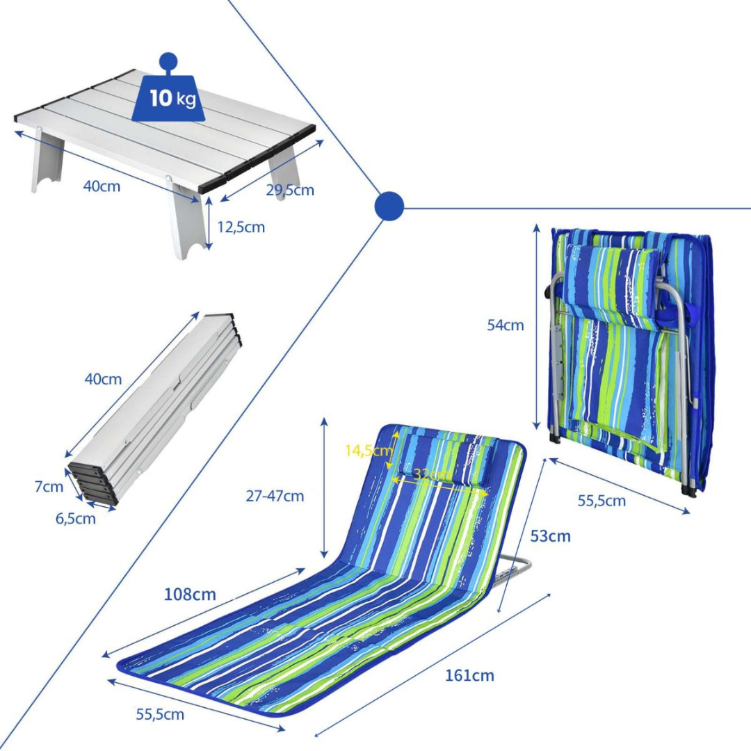 Strandmatten Coast (2 Stück) mit Beistelltisch - 151 x 56 x 27 cm - Grün / Blau