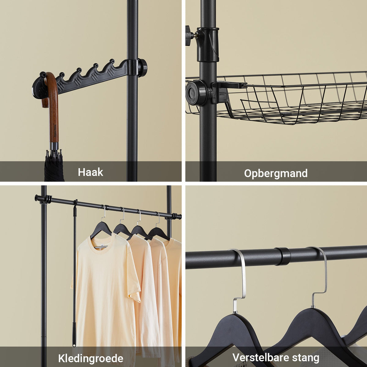 SoBuy KLS04-II-SCH Teleskop-Kleiderständer - Schwarz - 209-311 x 200-295 cm - Stabiler Metall-Kleiderbügelständer mit Kleiderstangen und Ablagen
