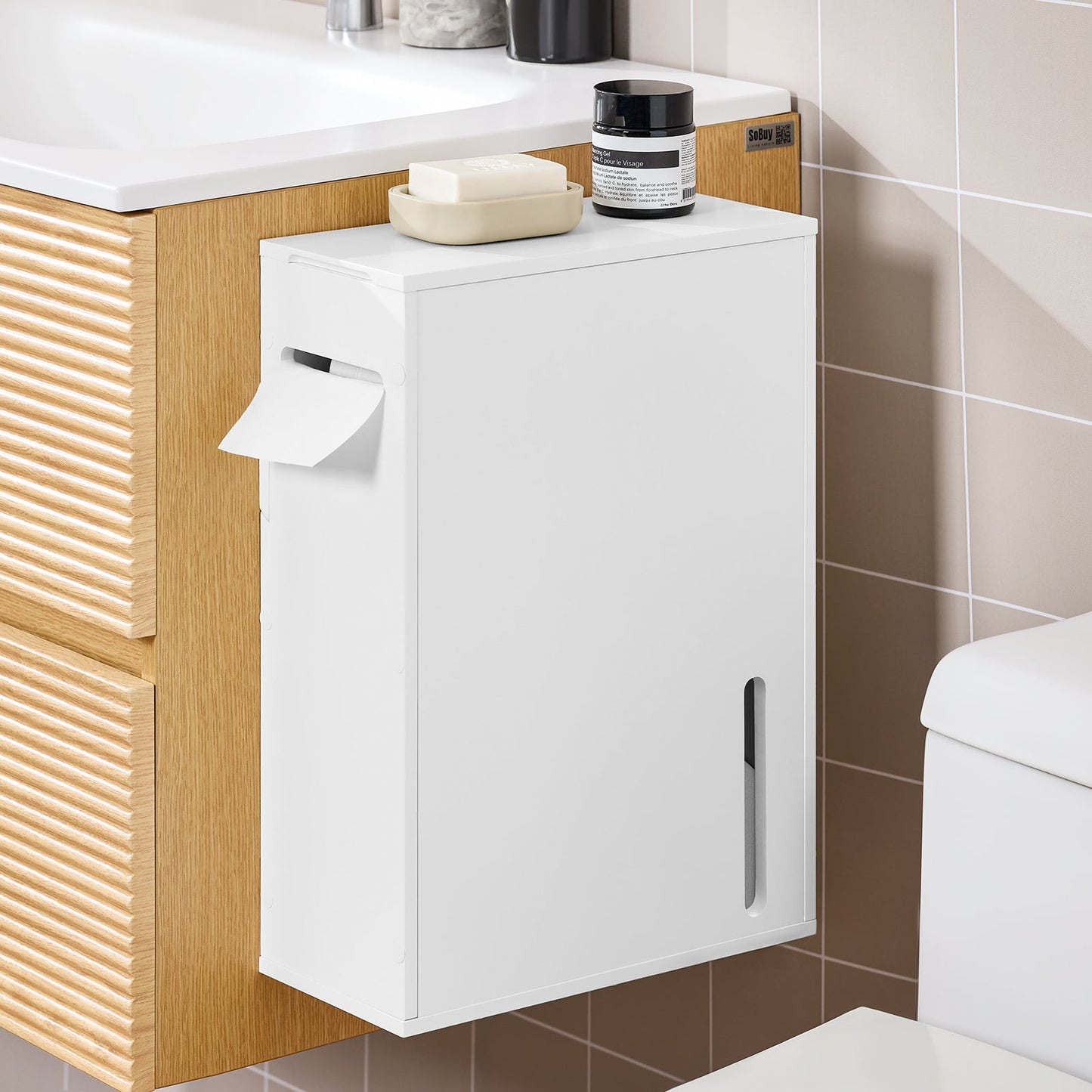 sobuy Toilettenpapierhalter Aufbewahrungsschrank - Weiß - 14 × 30 × 42 cm - Wandmontage
