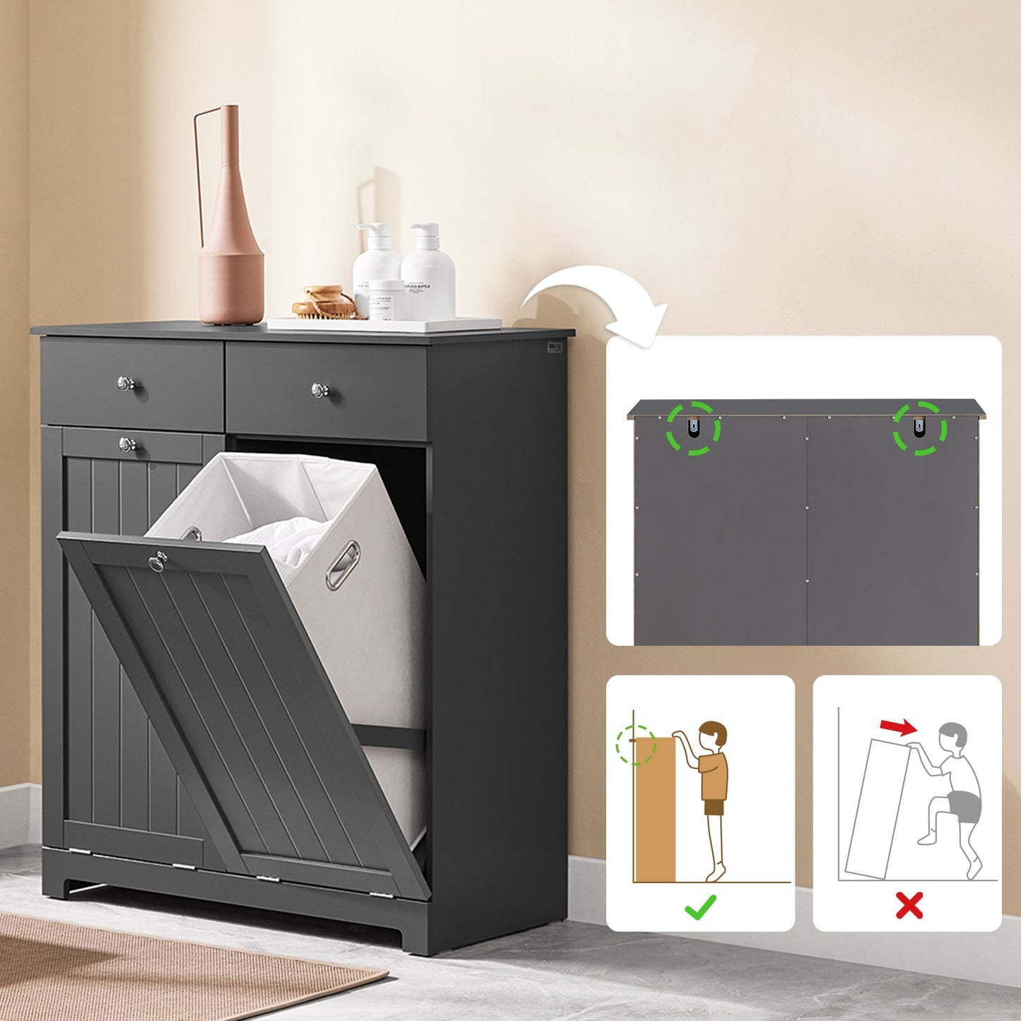 SoBuy Badezimmerschrank mit Wäschekörben - Holz - grau - 78x38x90 cm