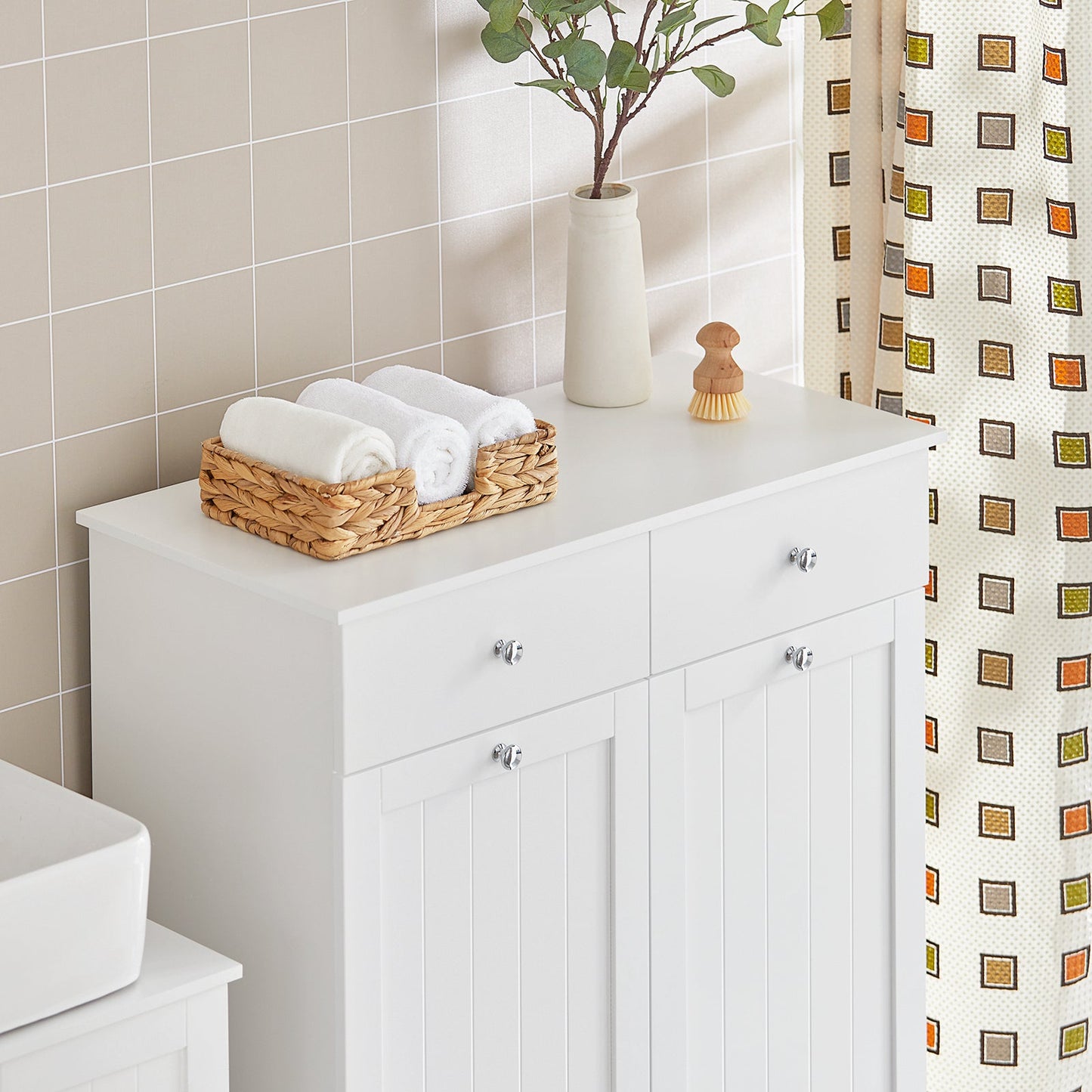 SoBuy BZR33-II-W Badezimmerschrank - Mit 2 Schubladen & 2 Wäschekörben – 78 × 90 × 38 cm – Weiß