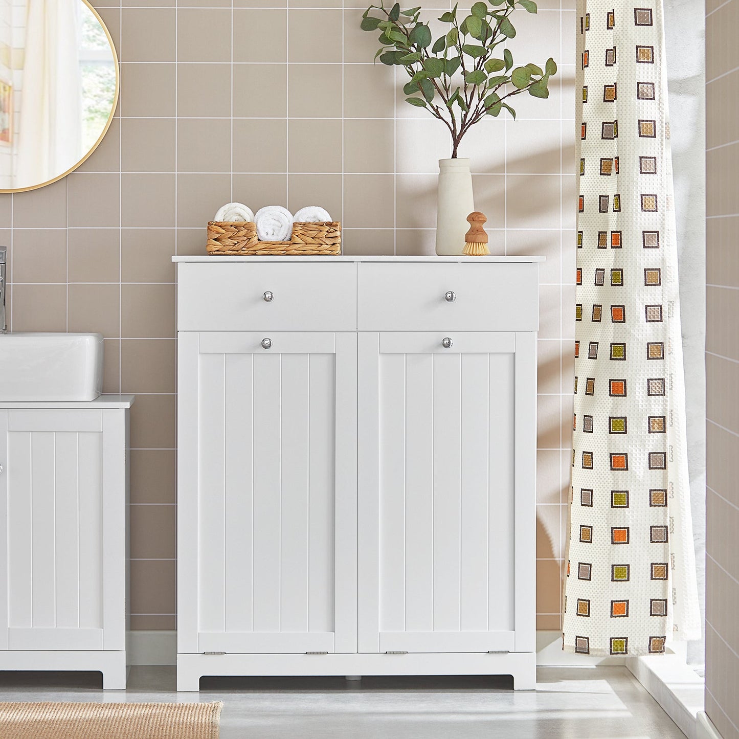SoBuy BZR33-II-W Badezimmerschrank - Mit 2 Schubladen & 2 Wäschekörben – 78 × 90 × 38 cm – Weiß