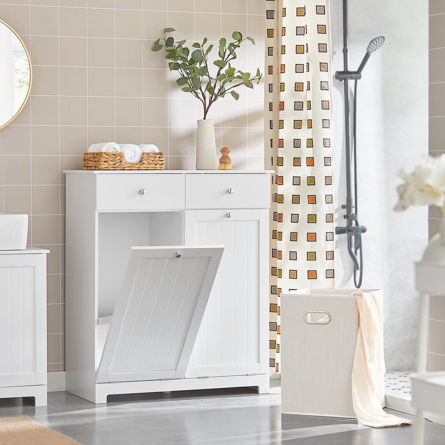 SoBuy BZR33-II-W Badezimmerschrank - Mit 2 Schubladen & 2 Wäschekörben – 78 × 90 × 38 cm – Weiß