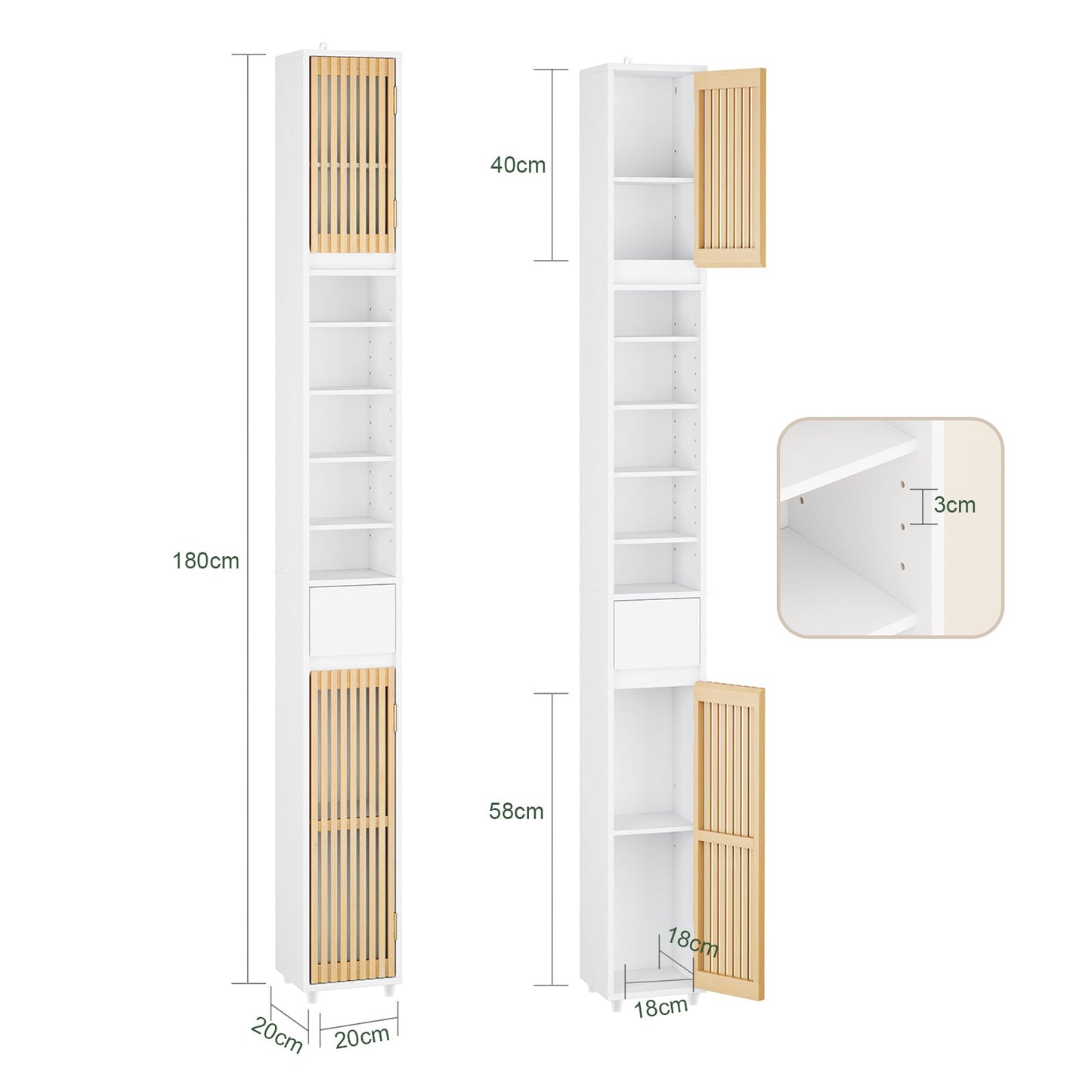 sobuy Badhochschrank mit Bambustüren - 20 × 20 × 180 cm | weiß