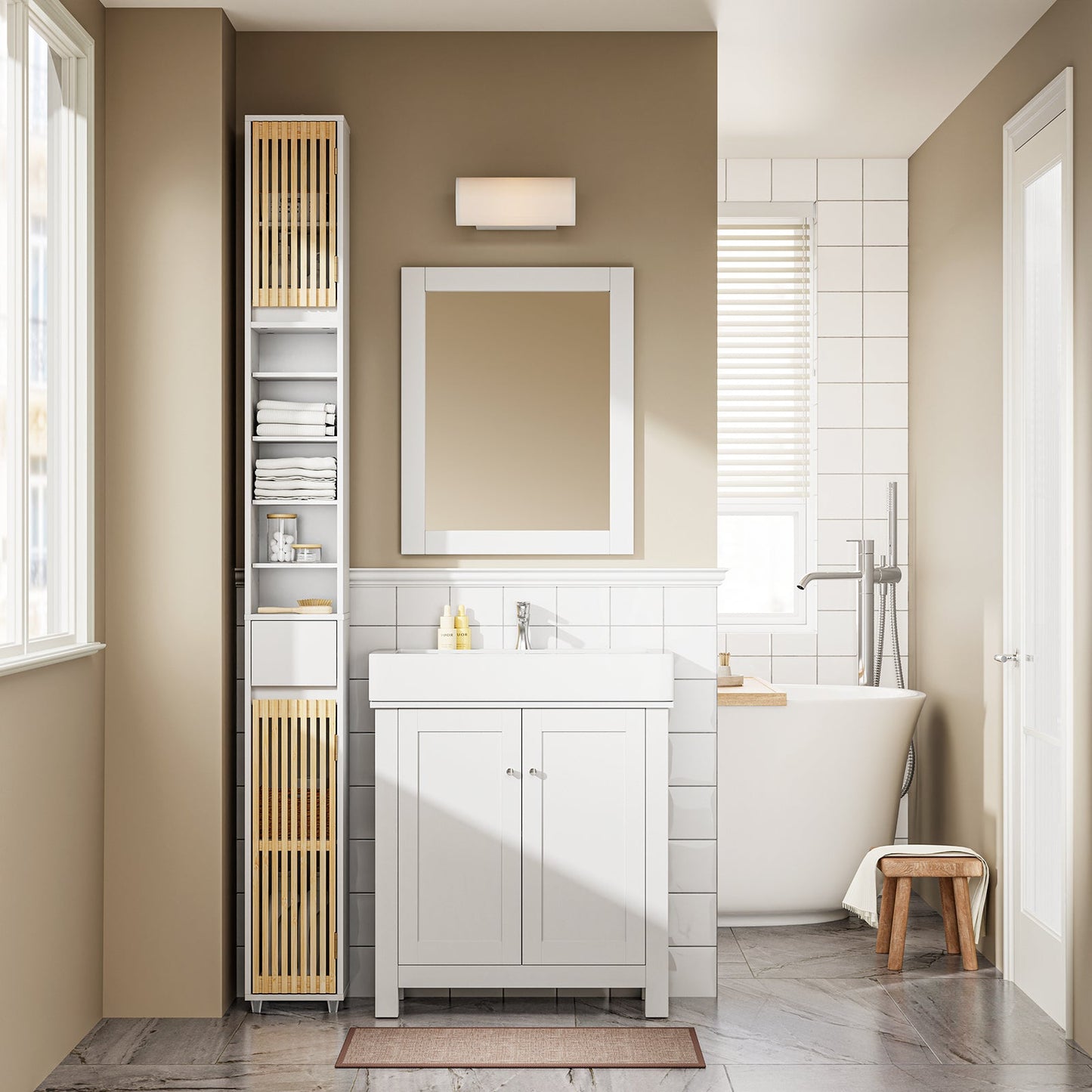 sobuy Badhochschrank mit Bambustüren - 20 × 20 × 180 cm | weiß
