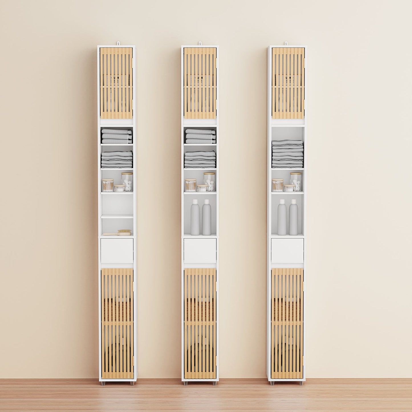 sobuy Badhochschrank mit Bambustüren - 20 × 20 × 180 cm | weiß