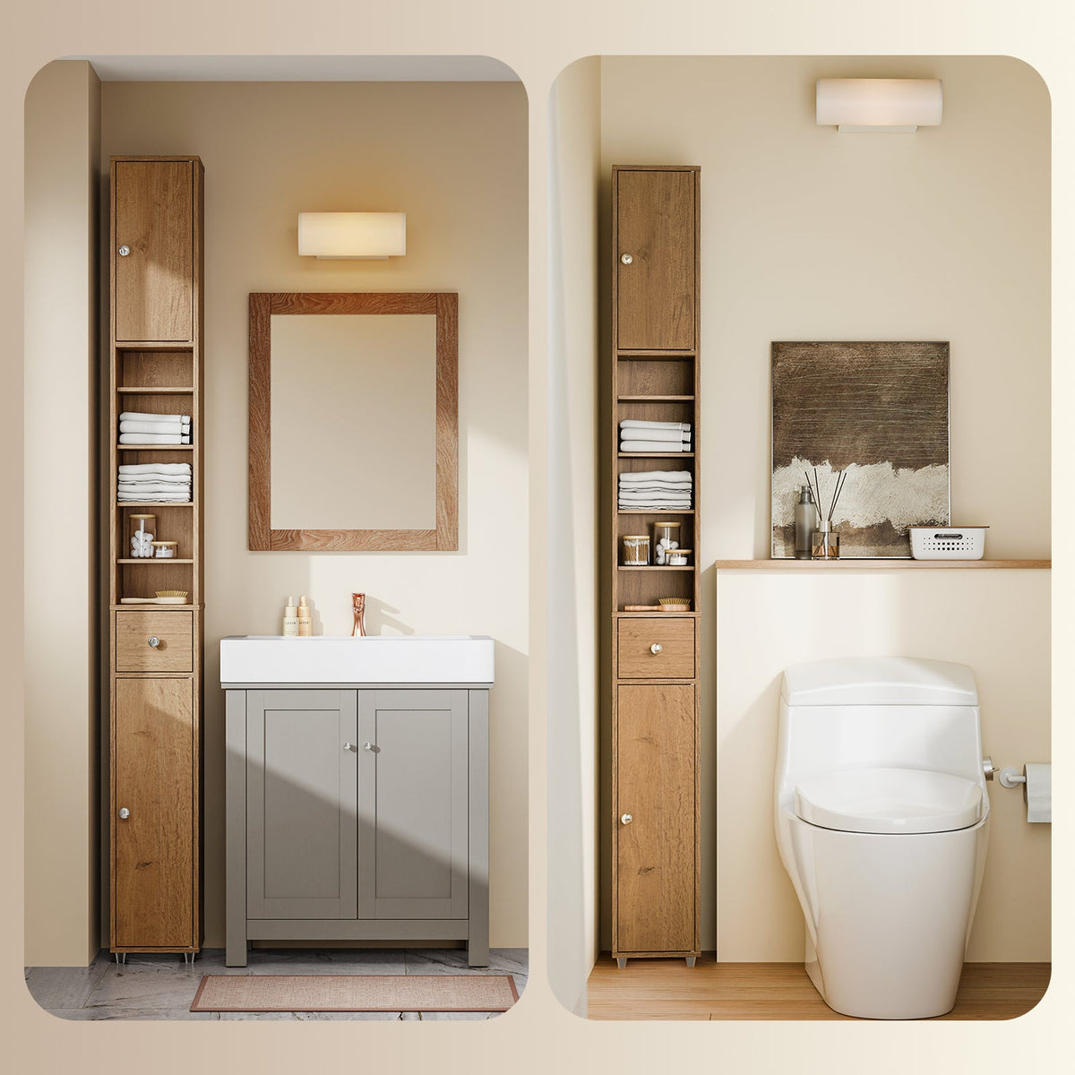 SoBuy BZR34-II-PF Hoher Badezimmerschrank - Freistehend - Kompakt - 20x20x180 cm - Naturholz