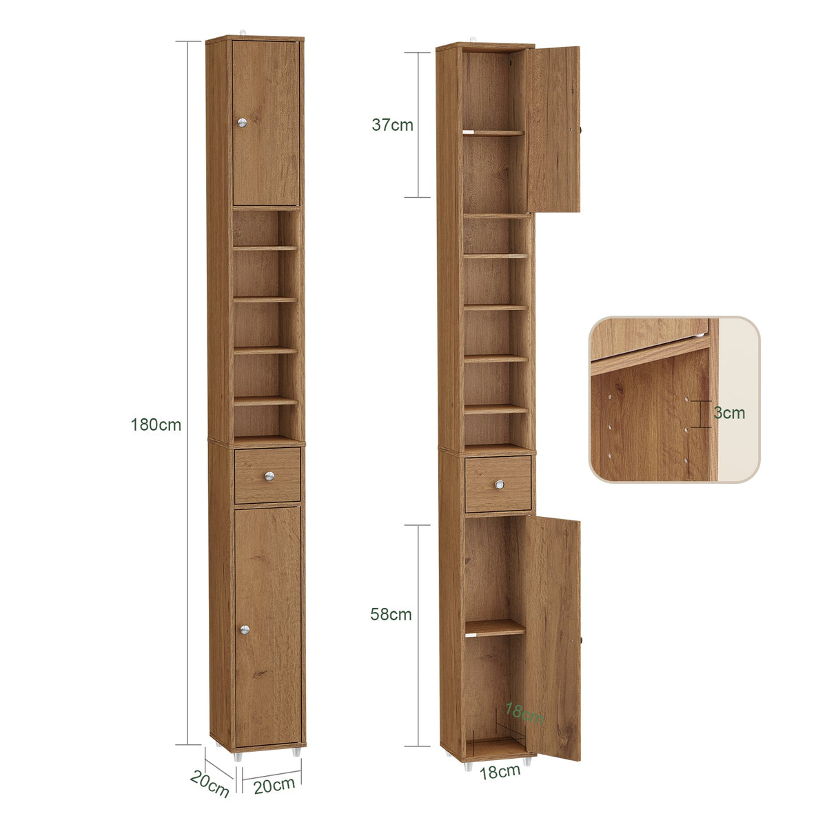 SoBuy BZR34-II-PF Hoher Badezimmerschrank - Freistehend - Kompakt - 20x20x180 cm - Naturholz