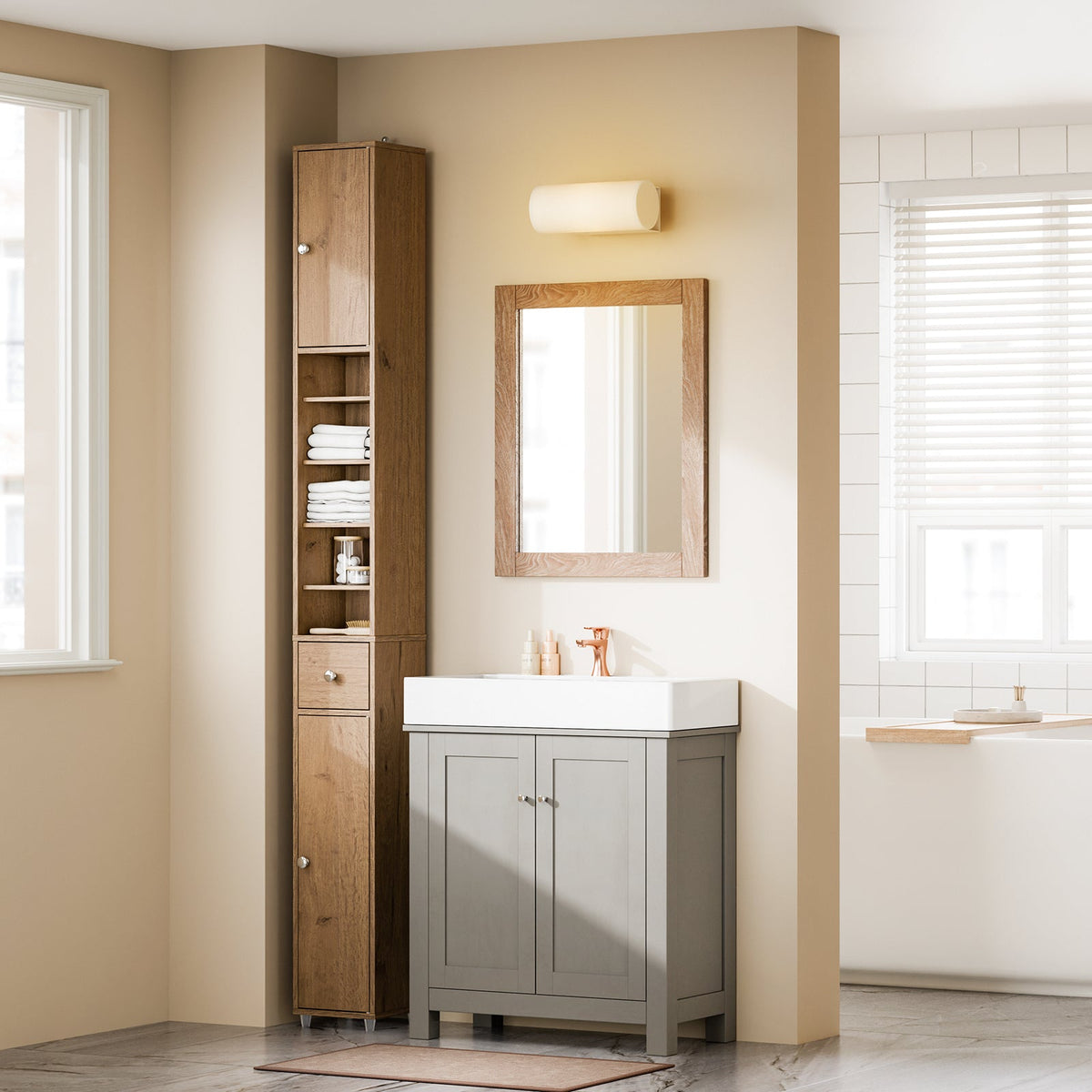 SoBuy BZR34-II-PF Hoher Badezimmerschrank - Freistehend - Kompakt - 20x20x180 cm - Naturholz