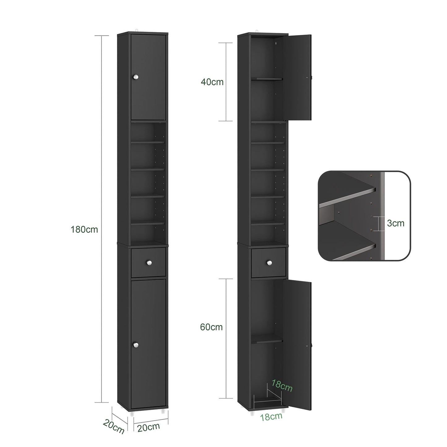 SoBuy Hoher schmaler Badezimmerschrank mit Schublade und verstellbaren Einlegeböden - Schwarzer Säulenschrank für Bad und Wohnzimmer - 20 x 20 x 180 cm