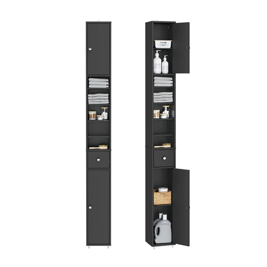 SoBuy Hoher schmaler Badezimmerschrank mit Schublade und verstellbaren Einlegeböden - Schwarzer Säulenschrank für Bad und Wohnzimmer - 20 x 20 x 180 cm