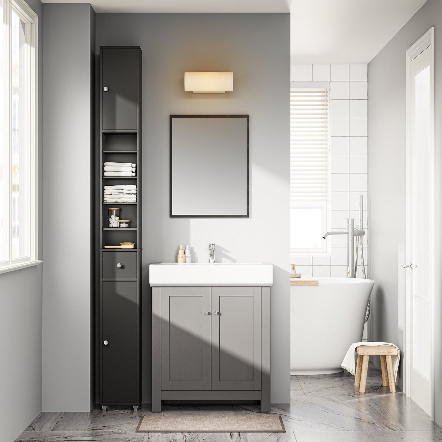 SoBuy Hoher schmaler Badezimmerschrank mit Schublade und verstellbaren Einlegeböden - Schwarzer Säulenschrank für Bad und Wohnzimmer - 20 x 20 x 180 cm
