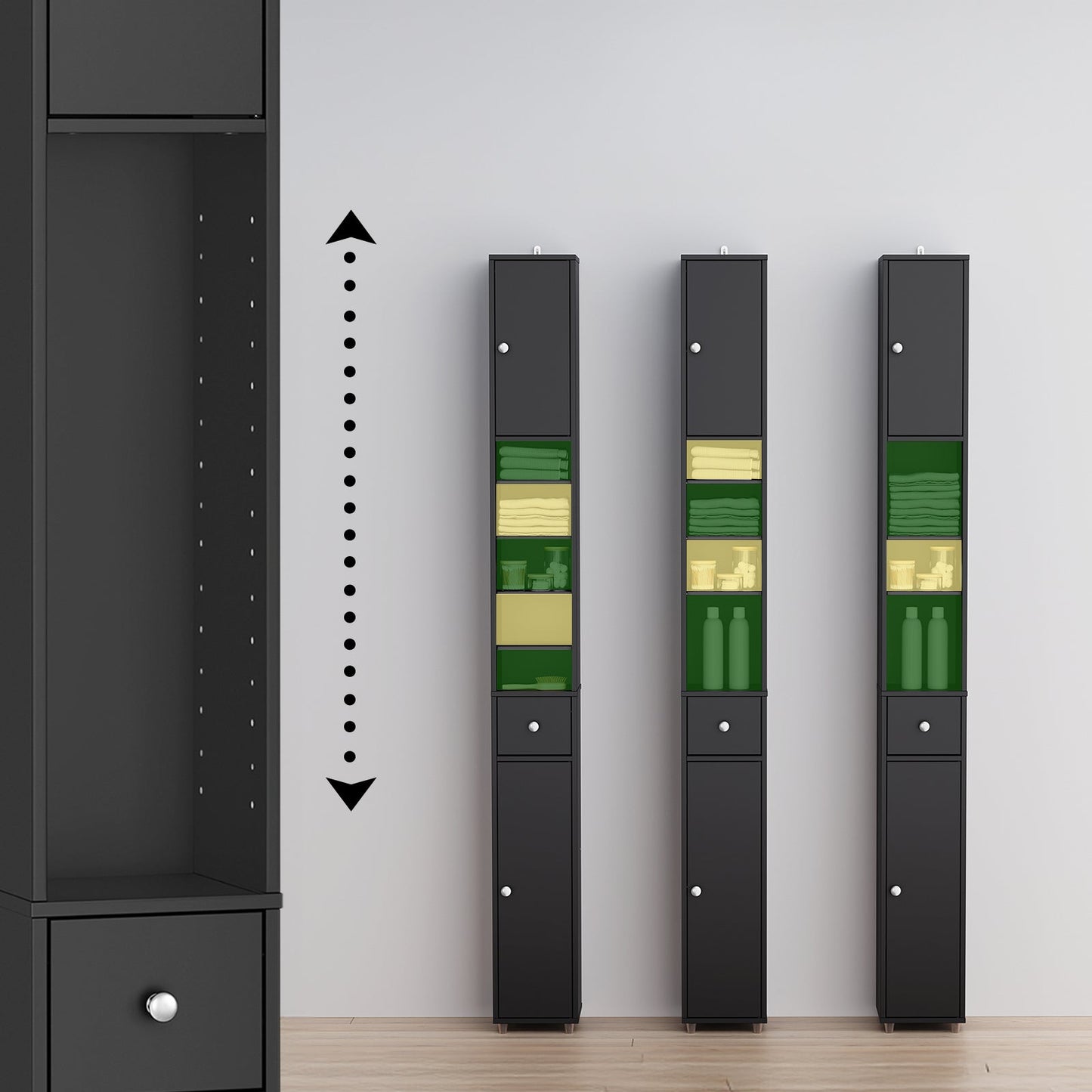SoBuy Hoher schmaler Badezimmerschrank mit Schublade und verstellbaren Einlegeböden - Schwarzer Säulenschrank für Bad und Wohnzimmer - 20 x 20 x 180 cm