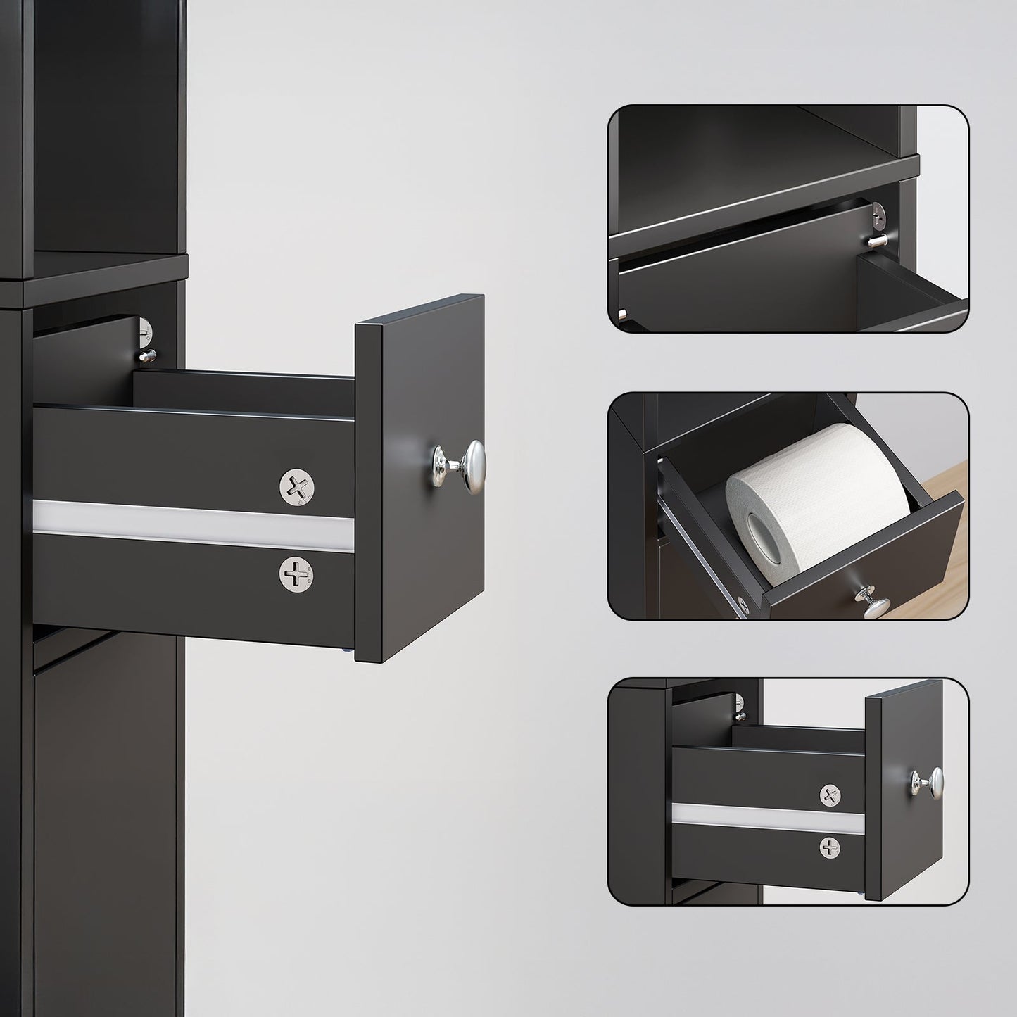 SoBuy Hoher schmaler Badezimmerschrank mit Schublade und verstellbaren Einlegeböden - Schwarzer Säulenschrank für Bad und Wohnzimmer - 20 x 20 x 180 cm